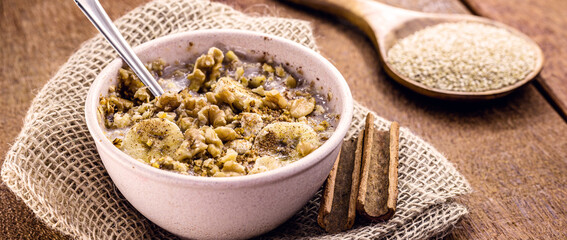sweet quinoa porridge with fruits and cinnamon. Made without milk, lactose free