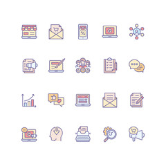 Set of marketing icons in filled outline style.