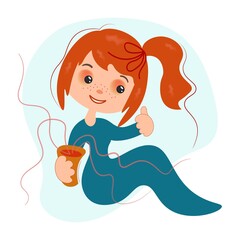 Cute girl drinks coffee. A pretty beauty sits in a comfortable position, raises her finger up, praises the drink. Happy childish emotions. Vector isolated.