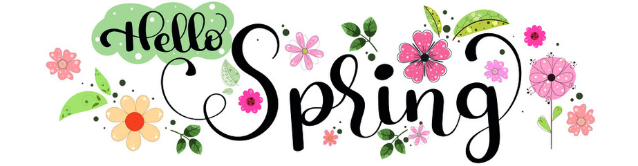 Beauty Floral spring vector. Spring design text hand lettering with flowers and leaves. Illustration Spring season © Luchelle