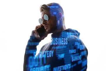 Double exposure portrait of guy on white background. Man talking on smartphone. Cryptocurrency, finance, business, innovative ideas concept. Futuristic holographic interface to display data.