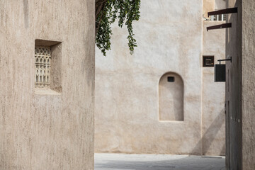 old walls and widows of traditional houses in Dubai