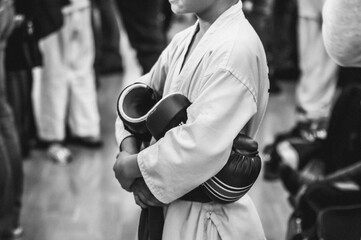 Martial Arts - Taekwondo. Athletes in a white uniform with gloves before the fight. Retro style with grain for film photography. 