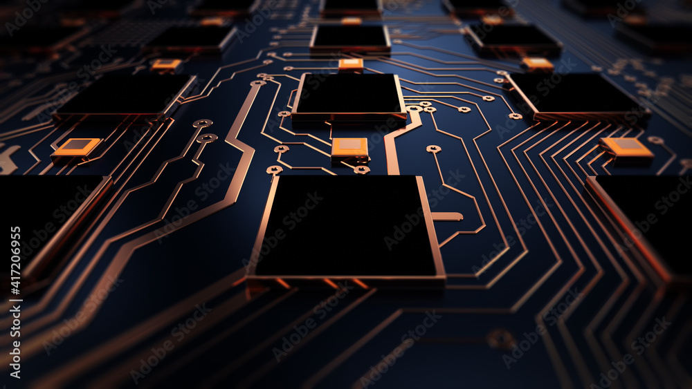 Poster Printed circuit board futuristic server. Abstract circuit board futuristic server code processing. Orange,  gold, blue color technology background with bokeh. 3d rendering