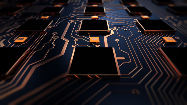 Printed circuit board futuristic server. Abstract circuit board futuristic server code processing. Orange,  gold, blue color technology background with bokeh. 3d rendering