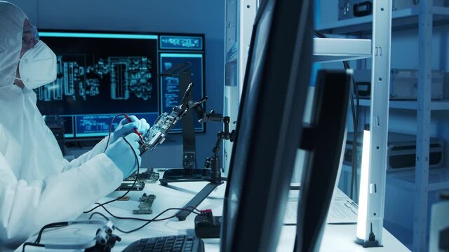 Microelectronics engineer works in a modern scientific laboratory on computing systems and microprocessors. Electronic factory worker is testing the motherboard and coding the firmware.