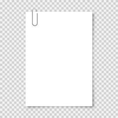 Realistic blank paper sheet in A4 format with metal clip, holder on transparent background. Notebook page, document. Design template or mockup. Vector illustration.