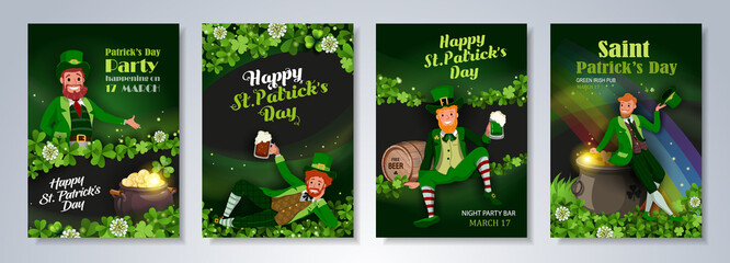 Irish fantastic characters leprechauns in different poses on green background. Saint Patrick's Day party flyer, brochure, holiday invitation. Vector illustration.
