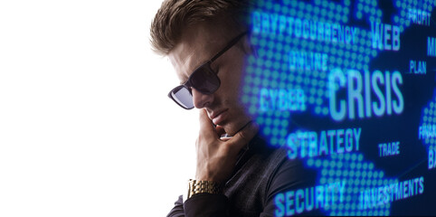 Double exposure portrait of guy on white background. Man in classic suit. Cryptocurrency, finance, business, innovative ideas concept. Futuristic holographic interface to display data.