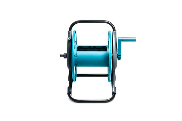 Plastic hose reel isolated on white background. Gardening tool for water supply and watering a garden or vegetable garden