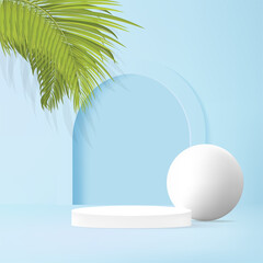 Fototapeta premium Background vector 3d blue rendering with podium and scene with leaves. cosmetic ads banner promotion.