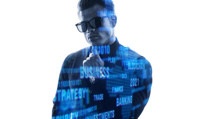 Double exposure portrait of guy on white background. Man in classic suit. Cryptocurrency, finance, business, innovative ideas concept. Futuristic holographic interface to display data.