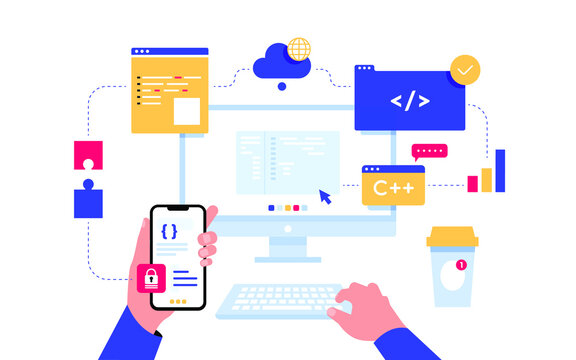 Monitor with program code on the screen, infographic elements, bug fixing, virtual screens. Web development, programming, coding. Web banner or landing page template. Vector illustration on white 