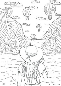 Hand Drawing Coloring Page For Kids And Adults. Wild Nature, Sea, Mountains, Air Balloons And Beautiful Girl. Romantic Beautiful Drawing With Patterns And Small Details. Coloring Pictures. Vector