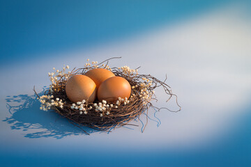 Easter basket and spring flowers with easter eggs on wooden background with morning sunny window light rays. Copy space for easter holiday text