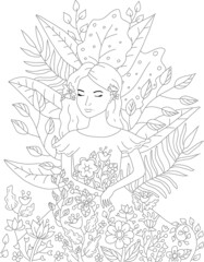 Hand drawing coloring for kids and adults. Beautiful drawings with patterns and small details. Coloring pictures with beautiful girl, flowers and tropical leaves. Vector