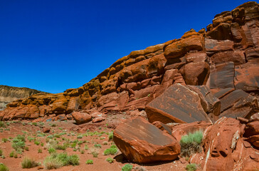 Layered geological formations of red rocks in Canyonlands National Park is in Utah near Moab.