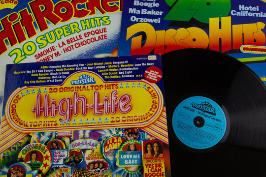 Schwaebisch Hall, Germany - February 28, 2021: Vintage vinyl record covers with disco music from the seventies