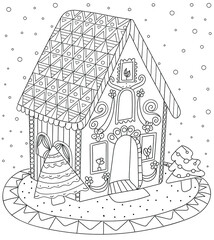 Hand drawing coloring page for kids and adults with fabulous house. Holiday greeting. Beautiful drawing with patterns and small details. Coloring book  pictures. Vector