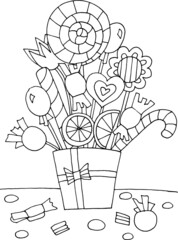 Hand drawn coloring page for kids and adults. Food illustration, candy, sweets, gift. Beautiful drawing with patterns and small details. Coloring pictures. Vector