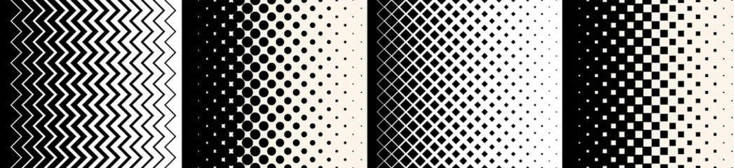 Halftone vector backgrounds. Сollection of geometric transitions from black to white: circles, squares, rhombuses, zigzags.