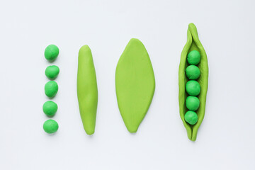 Modelling clay . Craft Plasticine Green Pea. Step by step. Childrens activity in school art lesson...