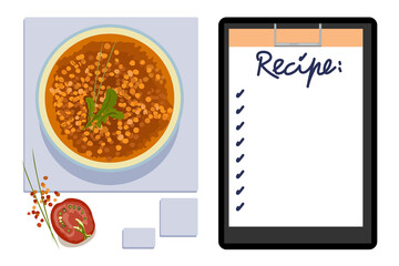 Vector illustration of a plate with lentil soup and tomato, space for your recipes.