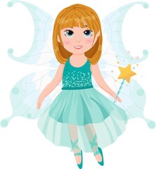 Cute cartoon ballerina in a green dress. Little fairy. Magic wand in hand. A girl with red hair is dancing a ballet in a fairy costume. Vector illustration isolated on white background.