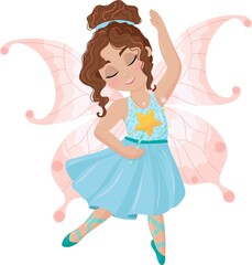 Cute cartoon ballerina in a blue dress. Little fairy. Magic wand in hand. Girl dancing ballet in a fairy costume. Vector illustration isolated on white background.