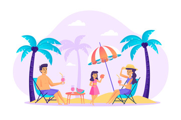 Family resting at beach scene. Father and mother sit at loungers, drinking cocktails, daughter plays on sandy shore. Summer vacation concept. Vector illustration of people characters in flat design