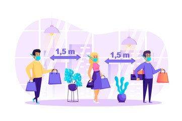 People keep social distancing scene. Men and women in protective masks holding purchases stand at queue. Safe distance, prevention coronavirus concept. Vector illustration of characters in flat design