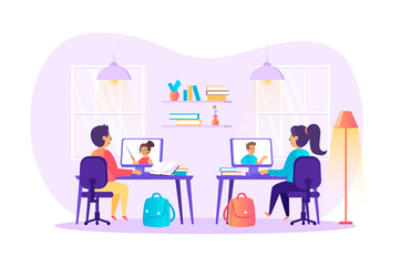 Distant learning and online education concept. Children watching video lessons with teachers. Home schooling scene. Students at web courses. Vector illustration of people characters in flat design