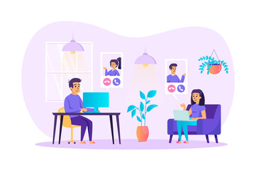 Video conference concept. Man and woman meeting with colleagues, relatives or friends via video calling scene. Online communication technology. Vector illustration of people characters in flat design