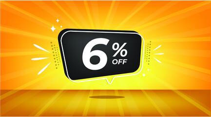 6% off. Yellow banner with six percent discount on a black balloon for mega big sales.