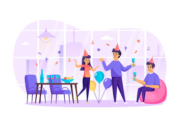 Happy friends celebrate holiday at party scene. Men and women in hats dancing, drinking, having fun. Holidays, birthday, festive event concept. Vector illustration of people characters in flat design