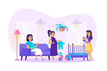 Pregnancy and motherhood concept. Pregnant women meeting, young mother holding baby, girlfriends talking and spending time together scene. Vector illustration of people characters in flat design