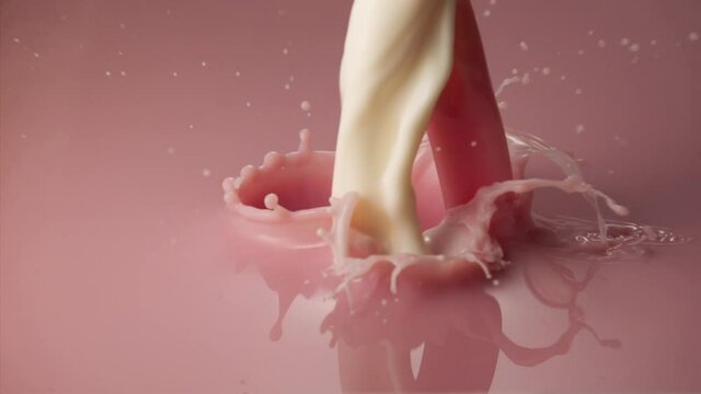Macro shot of strawberry milkshake stream falling in slow motion