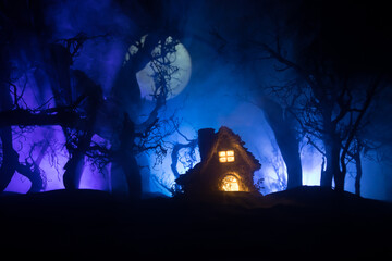 Fototapeta na wymiar Old house with a Ghost in the forest at night or Abandoned Haunted Horror House in fog. Old mystic building in dead tree forest. Trees at night with moon. Surreal lights. Horror Halloween concept