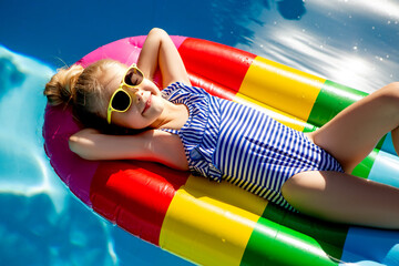 little girl in sunglasses and a striped swimsuit is lying on an inflatable multicolored striped...