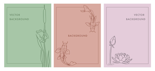 Set de plantillas de diseño vectorial con temática de laguna- primavera- animales, en estilo minimalista y lineal, útil para redes sociales, editorial, marcos y tarjetas.