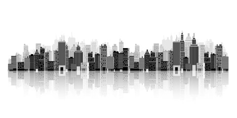 Set of city silhouettes. Cityscape. Town skyline. Panorama. Midtown houses skyscrapers. Vector illustration.