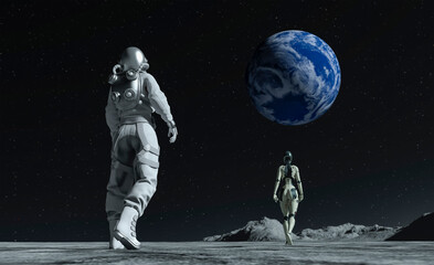 Astronaut and cyborg at the spacewalk on the moon looking at the earth.