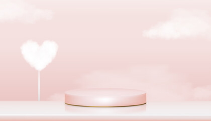 Fototapeta na wymiar 3D Showcase display with pearl and heart cloud in pink pastel and yellow gold stand,Vector Realistic podium on pink sky background,illustration showcase mock up for cosmetic or beauty product