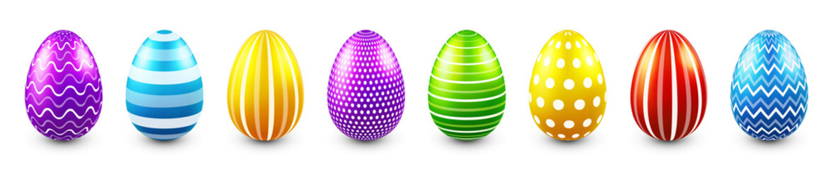 Colorful Easter eggs isolated on white background. Seasonal spring decoration element. Egg hunt game. Vector illustration.