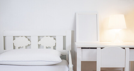 Minimalist interior design in white colors. Baby bed on white background, abstract background