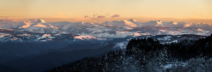 Panoramic view of the Sierra de Ancares at sunset seen from A Fonsagrada (Lugo).