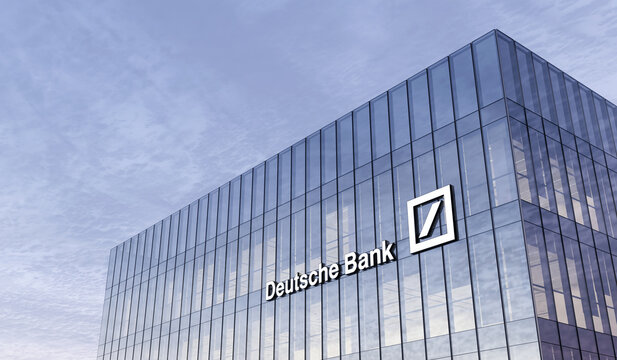 Frankfurt, Germany. February 19, 2021. Editorial Use Only, 3D CGI. Deutsche Bank Signage Logo Glass Building. Workplace Investment Banking Financial Services Company in High-rise Office Headquarter.