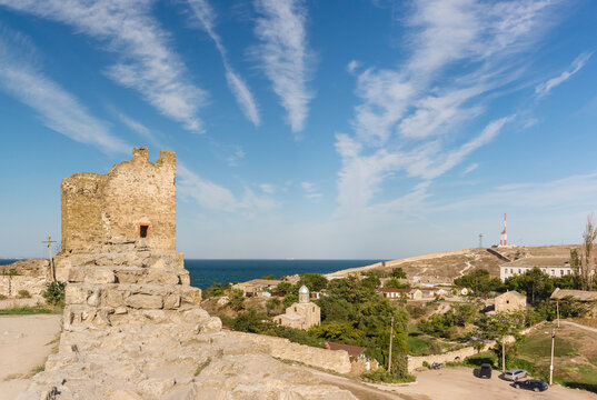 View from the wall of the ancient Genoese fortress of Kafa to the temple of the Iver Icon of the Mother God on the Black Sea coast. Popular tourist attraction of the city