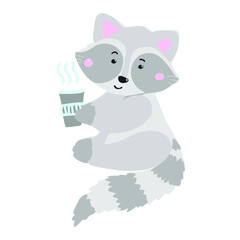 vector illustration of a raccoon drinking coffee. Raccoon isolated on a white background.
