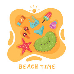 Summer composition on the sand hat swimsuit flip flops. Beach time greeting card vector cartoon elements